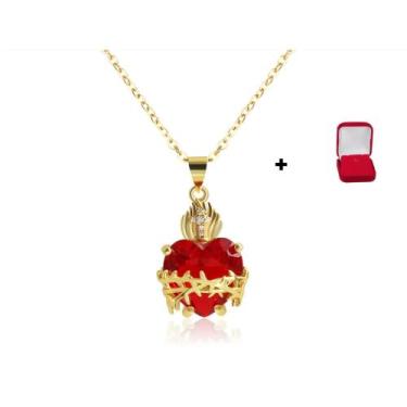 Imagem de Colar Sagrado Coração De Jesus Cruz Zircônia Banho Em Ouro Dourado - B