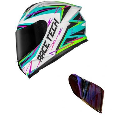 Imagem de Capacete Race Tech Hit Spark Branco e Verde Mais Viseira Camaleão Verm