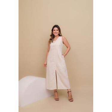 Imagem de Vestido Longo de Linho Sem Manga Feminino Elegante Leve Verão Casual P