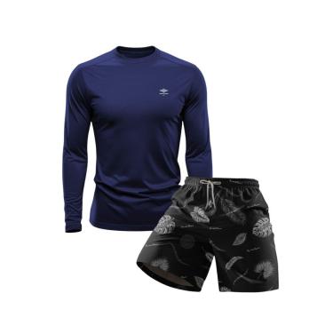 Imagem de Conjunto Masculino Short Estampado Praia Verão e Camiseta Dry Manga Longa Proteção UV-M...