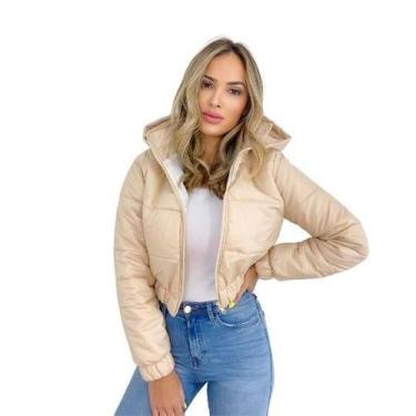 Imagem de Jaqueta Puffer Feminina Nude Com Capuz Curta - Charme de Moça, G, Bege