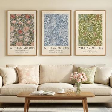 Imagem de Conjunto de 3 peças de arte de parede emolduradas grandes William Morris, impressões em tela floral botânica verde vintage, pinturas de padrão natural clássico retrô para sala de estar, quarto, sala