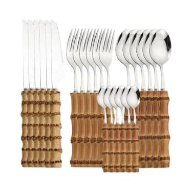 Imagem de Conjunto De Talheres De Bambu Com 24 Peças, Cabo Natural Em Aço Inoxid