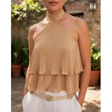 Imagem de Blusa Cropped Maxi Frente Única Babado Chifon Brilhante Verão Luxo - E