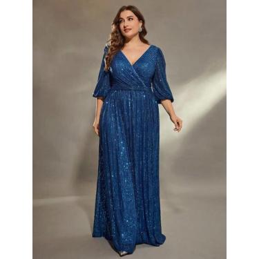 Imagem de Vestido De Festa plus Size Com Decote Em V E Lantejoulas, Manga Média,
