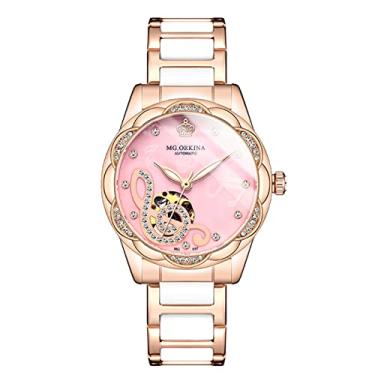 Imagem de Relógio feminino de cerâmica, relógio automático de aço mecânico, design delicado de notas musicais 3D, relógio de pulso com mostrador de madrepérola para mulheres e meninas, rosa
