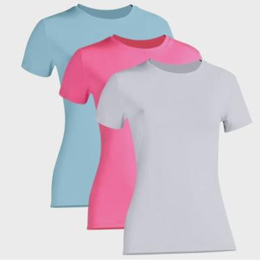 Imagem de Kit 3 Camiseta Proteção Solar Feminina Manga Curta Uv50 + 1 Azul Bebê 1 Rosa 1 Branca