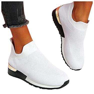 Imagem de Masbird Tênis de moda feminina, sapatos esportivos casuais de malha sem cadarço respirável leve cor sólida sapatos de caminhada, Branco, 9