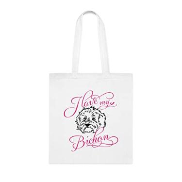 Imagem de I Love My Bichon Dog Tote Bag, Bichon Dog Gift, Bichon Dog Birthday Bolsa de ombro para cachorro Bichon, Bolsa reutilizável para cães Bichon, Branco