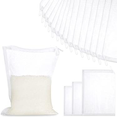 Imagem de 15 sacos de filtro de aquário com zíper 3 tamanhos 150 micra sacos de mídia de filtro fino sacos de nylon para tanque de peixes biosféricos de carbono ativado anéis de cerâmica, 10 x 15 centímetros, 21 x 25 centímetros, 21 x 28 centímetros