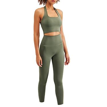 Imagem de Yajun Roupas esportivas femininas de ioga roupas de treino legging levanta bumbum sem costura sutiã fitness academia manga longa 3 peças agasalho, verde, M (peito: 70 cm)
