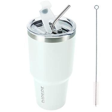 Imagem de BJPKPK Copo de aço inoxidável branco de 890 ml com tampa e canudo. Copo térmico para café reutilizável para viagem