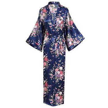 Imagem de Elegante Azul marinho Feminino Longo Kimono Robe Vestido Nigntdress Exquisite Print Flower Sleepwear Roupa de Dormir Casual Macio Banho, Azul-marinho 2, tamanho �nico