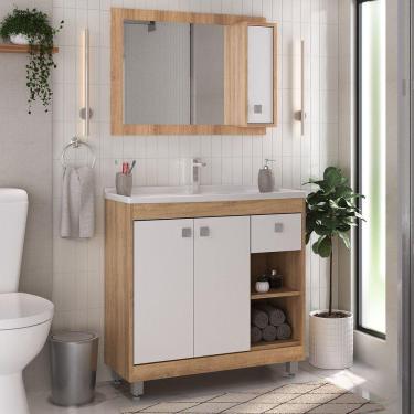 Imagem de Conjunto para Banheiro Armário 3 Portas 1 Gaveta Espelheira C00d825 Ozini Castanho Argel/Branco