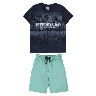 Imagem de Conjunto Curto Malwee Kids Camiseta Bermuda Moletinho Azul Jeffreys Bay Verde Sea Shore Tam 4 ao 16-Masculino