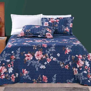 Imagem de Kit Cobre Leito Colcha Celi Casal Padrão Dupla Face Micropercal 200 Fios 3 Peças - Azul Marinho Floral