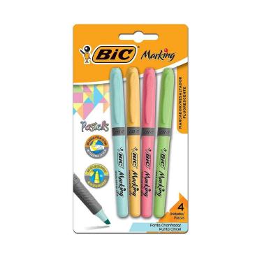 Imagem de Marcador de Texto Bic Marking Grip Emborrachado 4 Cores Tons Pastel, Amarelo, Rosa, Azul e Verde