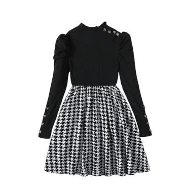 Imagem de Milumia Vestido curto de veludo com estampa de leopardo, gola alta, babado, manga comprida, evasê, para meninas, Houndstooth Black, 12 Anos