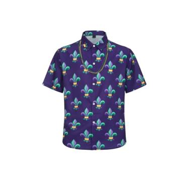Imagem de Regenboog Camisa masculina Mardi Gras, camisa estampada de manga curta com botões, camisa de praia havaiana casual tropical engraçada masculina, Mardis Gras Roxo 1, GG