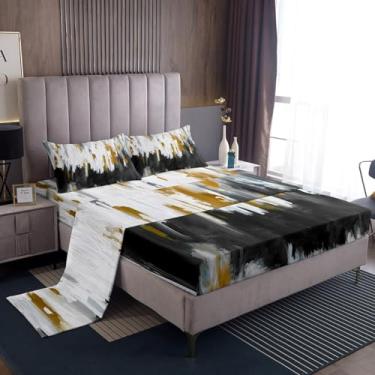 Imagem de Erosebridal Conjunto de cama cinza preto pinceladas pintura a óleo, conjunto de lençóis de cama gradiente abstrato chique vintage King Ombre, lençol superior moderno contemporâneo