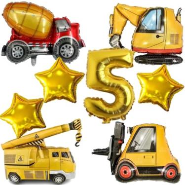 Imagem de Kit 4 Balões Metalizados Construção, Guindaste, Retroescavadeira, Empilhadeira, Betoneira + 3 Estrelas + Número Gigante (Dourado (5))