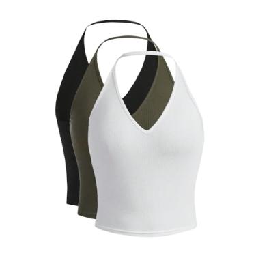 Imagem de Floerns Camiseta regata feminina 3 peças sem mangas de malha canelada gola única, Preto, verde, branco, 16 Anos