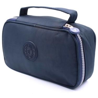 Imagem de Estojo Escolar Feminino Masculino Grande Box Ziper Resistente Papelaria Fofa Quadrado Infantil Unissex Alça De Mão Organizador De Lápis Canetas Marcadores Lapiseira Borracha Apontadores (Azul Escuro)