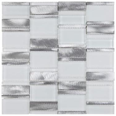 Imagem de Pastilha Mesclada de Vidro e Inox 29,4 X 29,8cm Petrus Glass Mosaic (placas) Branco/metal