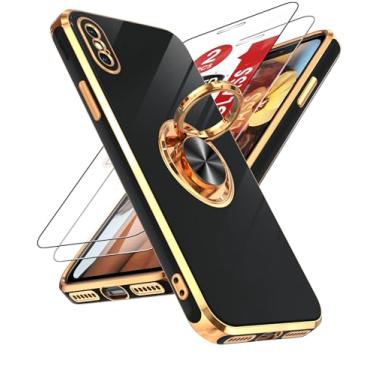 Imagem de LeYi Capa para iPhone X Capa para iPhone XS: com protetor de tela de vidro temperado [2 unidades] Suporte magnético giratório de 360°, capa protetora de borda de ouro rosa para iPhone X/XS, preta