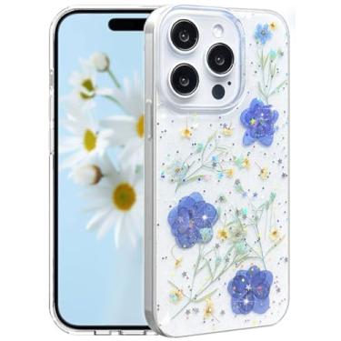 Imagem de CEOKOK Capa transparente para iPhone 15 Pro com design de flores prensadas de verdade com glitter azul brilhante seco padrão floral fino macio TPU protetor feminino feminino capa de telefone para