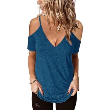 Imagem de Camiseta feminina de verão, manga curta, gola V profunda, caimento solto, alça de ombro vazado, túnica básica, Azul, G