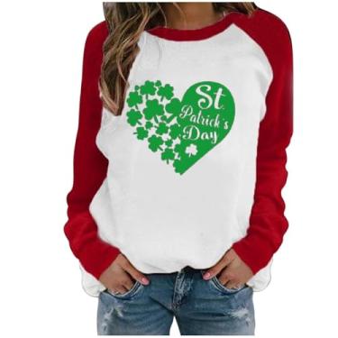 Imagem de Camiseta feminina de verão de manga comprida com estampa de trevo da sorte verde do Dia de São Patrício, Vermelho, G