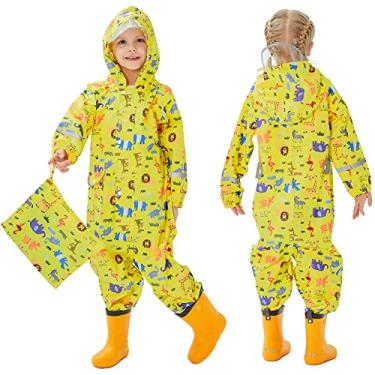 Imagem de Fewlby Roupa de Chuva Infantil Unissex com Capuz à Prova d'Água Jaqueta de Chuva Amarela Dinossauro XXG para Crianças de 1 a 10 Anos