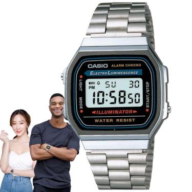 Imagem de Relógio de Pulso Casio Feminino Masculino Digital Aço Inóx Vintage Resistente Água Quadrado Pequeno Casual Prata A168WA-1WDF