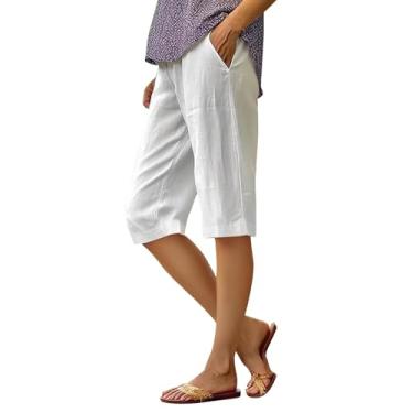 Imagem de Calça feminina casual solta de algodão com cintura elástica cropped perna larga plus size calça casual para mulheres 4x-5x, Branco, GG