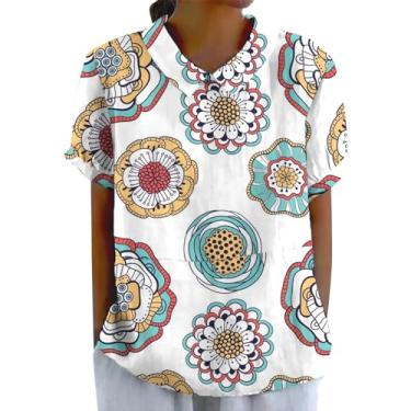 Imagem de Camisetas femininas de linho de algodão 2024 com estampa floral e gola e manga curta, casual, solta, confortável, Branco, 3G