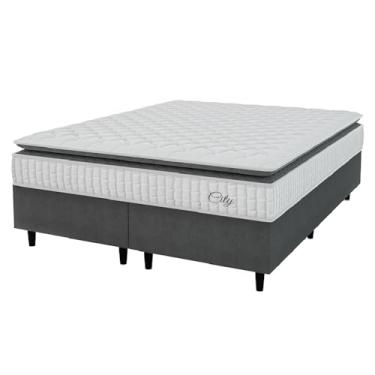 Imagem de Cama Box Colchão Casal King Molas Ensacadas City Pillow Top 193x203x61cm Cinza/Branco Hellen - Suporta até 110kg por Pessoa