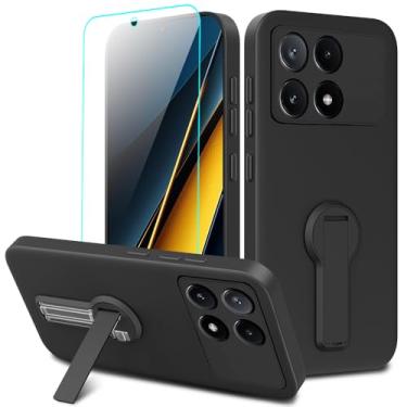 Imagem de Nijiadi Capa para Celular Xiaomi Poco X6 Pro 5G / Redmi K70E 5G com Protetor de Tela de Vidro, Suporte Oculto/Suporte Oculto com Rotação de 360°, Case de Silicone TPU - Preto