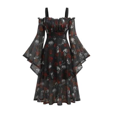 Imagem de Vestido feminino Rosegal plus size medieval renascentista gótico mangas sino ombro vazado crânios vestido de malha rosa vestido fantasia Halloween cosplay bruxa (preto_2/5X)