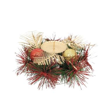 Imagem de Castiçal De Natal Decorado Luxo Bolas e Folhagens Dourado e Vermelho 15cm - Master Christmas