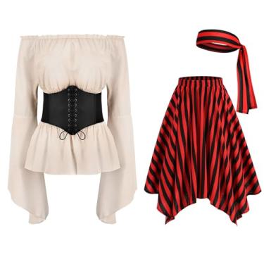 Imagem de IMEKIS Pirate Costume Women: Adult Halloween Costumes Woman 2024 Renaissance Pirate Blouse Tops Corset Waist Belt Pirate Skirt Red and Black Striped Headscarf Party Dress Up Cosplay Apricot XX-Large