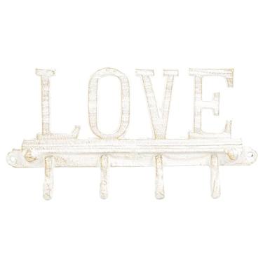 Imagem de Sungmor Porta-chaves de ferro fundido para parede, porta-chaves vintage branco em forma de amor com 4 ganchos, gancho organizador de chaves rústico para parede, ganchos utilitários decorativos para