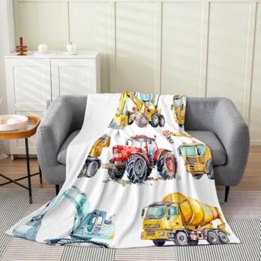 Imagem de Cobertor de pelúcia infantil para escavadeira para todas as estações, macio, retrô, caminhão, leve, quente para meninos e meninas, cobertor de flanela de trator de construção, desenhado à mão, veículo