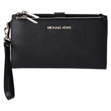 Imagem de Michael Kors Bolsa de pulso feminina com zíper duplo para viagem Jet Set, Saffiano preto/ferragens douradas, Medium, Zíper duplo
