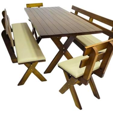 Imagem de Conjunto Mesa Madeira Maciça Para Churrasco Imbuia + 4 Bancos Estofado