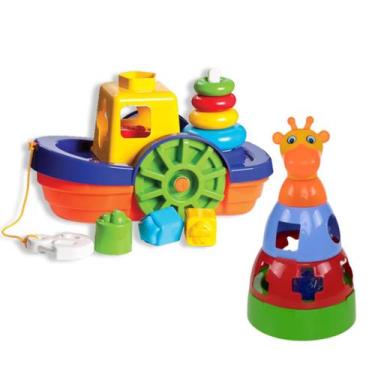 Imagem de Kit Brinquedos Barco Encaixar + Girafa Empilhar Didático Bebê Criança 