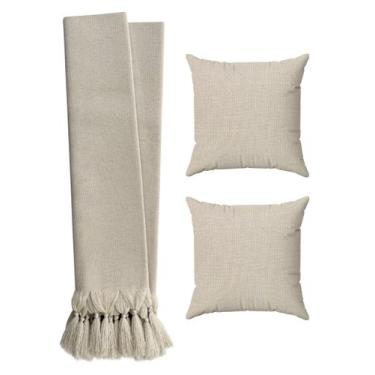 Imagem de Kit Manta Xale Para Sofá Luxo Bege Cru + 2 Capas De Almofadas - Tmdeco