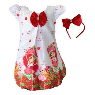 Imagem de Vestido Infantil Temático Moranguinho Trapézio + Tiara - Pequenos Enca