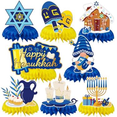 Imagem de JULMELON 8PCS Hanukkah Table Decorations Honeycomb Centerpiece, Chanukah Decor Dreidel Menorah Table Toppers Happy Hanukkah Decorations for Home Party Favors Supplies