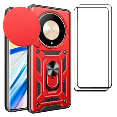 Imagem de CNPUTAO Capa para Honor X9b / Magic 6 Lite 5G com protetor de tela de vidro temperado [2 unidades], janela deslizante para câmera, suporte, capa de telefone de camada dupla antiarranhões à prova de